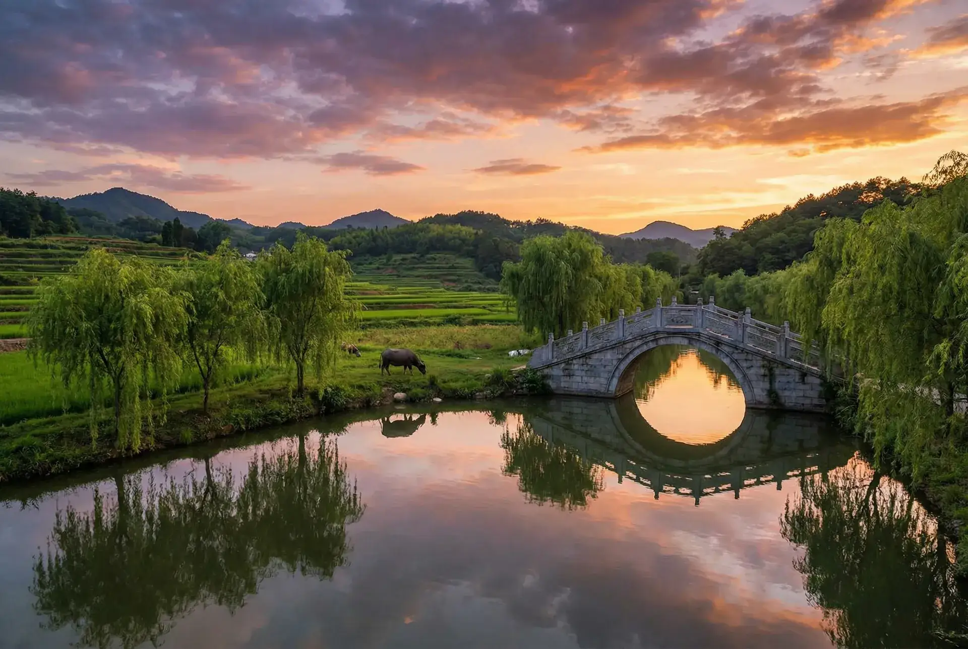 夕阳下的石拱桥与垂柳，水牛在河边吃草 - 无限视频高清在线观看免费 乡村美景